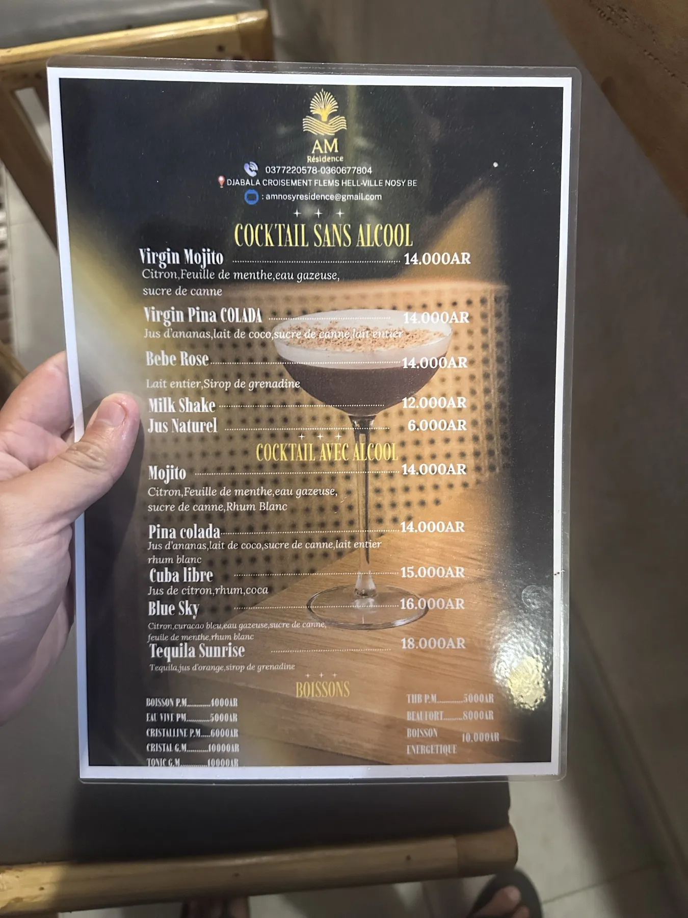 AM Résidence — la carte des cocktails